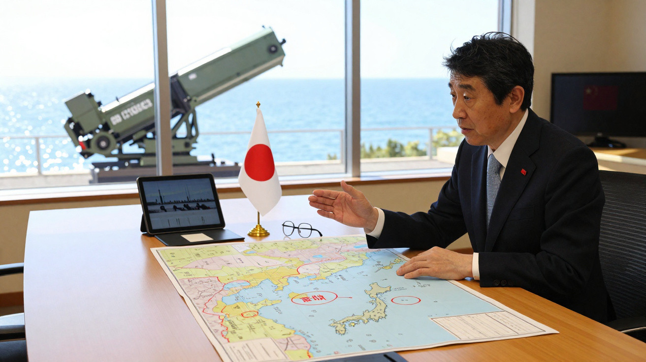 Homem em fato fala sobre mapa do Japão numa sala com vista para o mar e bandeira japonesa na mesa.