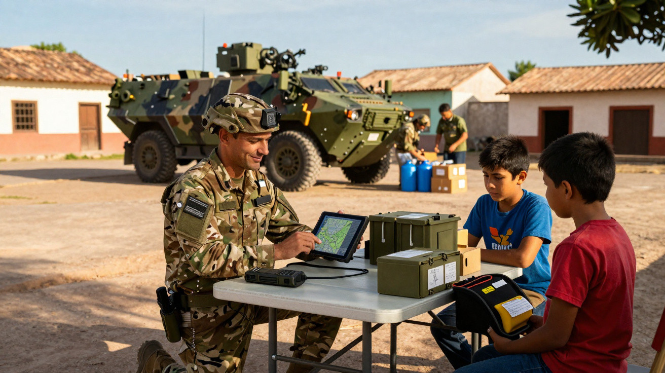 Militar em uniforme camuflado mostra mapa digital a duas crianças sentadas numa mesa ao ar livre, com viatura militar ao fund