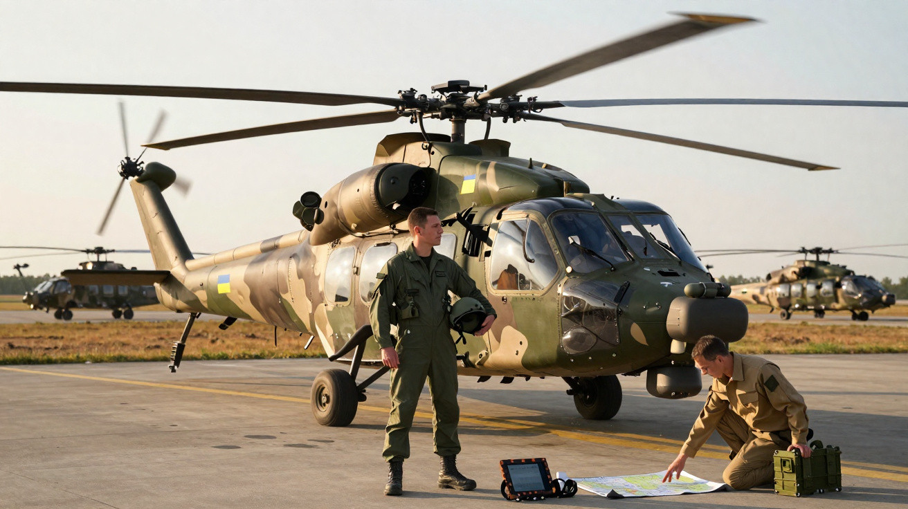 Dois militares ao lado de um helicóptero de camuflagem militar numa pista de aviação ao pôr do sol.
