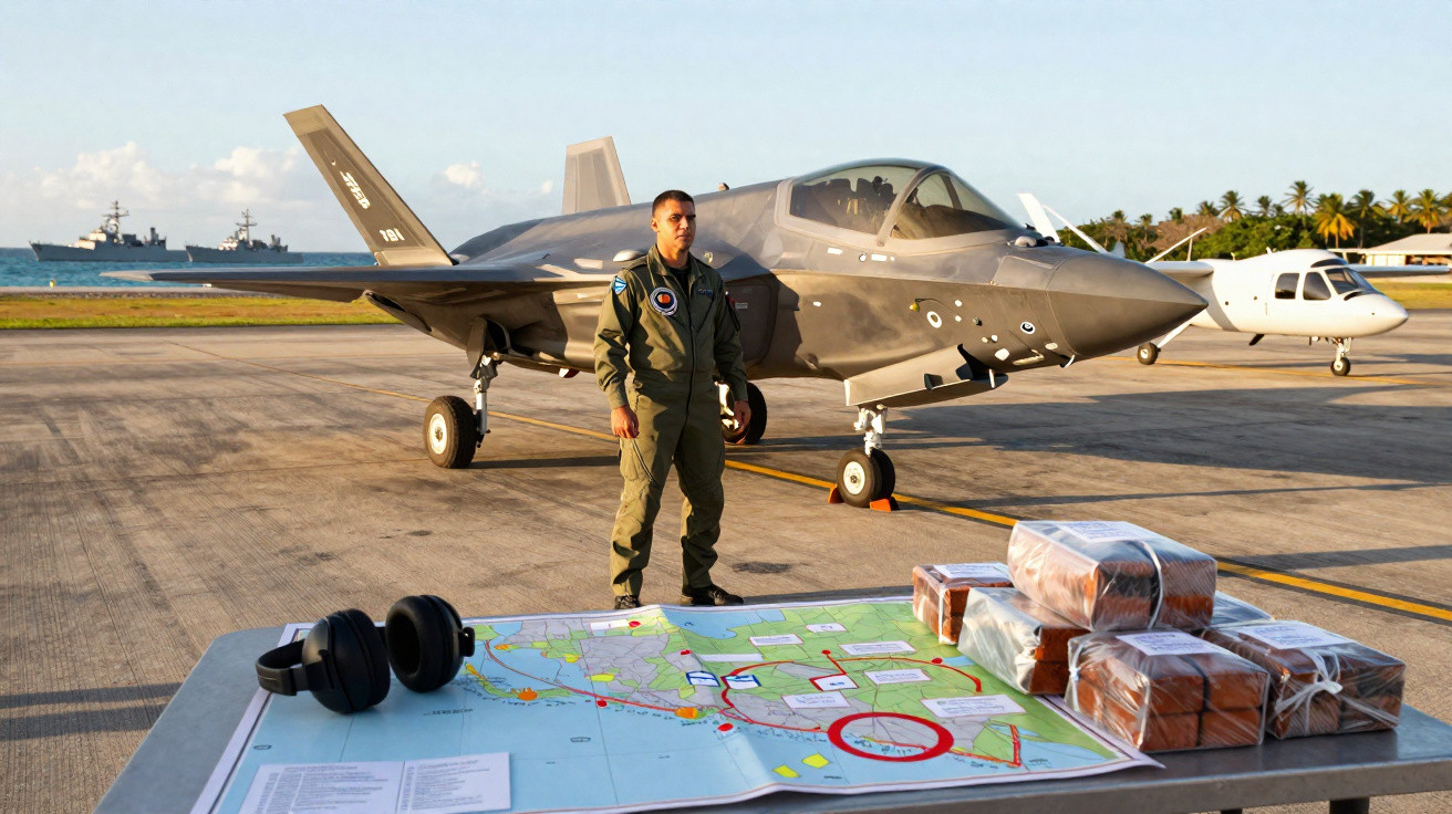 Piloto militar em uniforme junto a caça furtivo F-35, com mapa e pacotes numa mesa, num aeroporto com navio ao fundo.