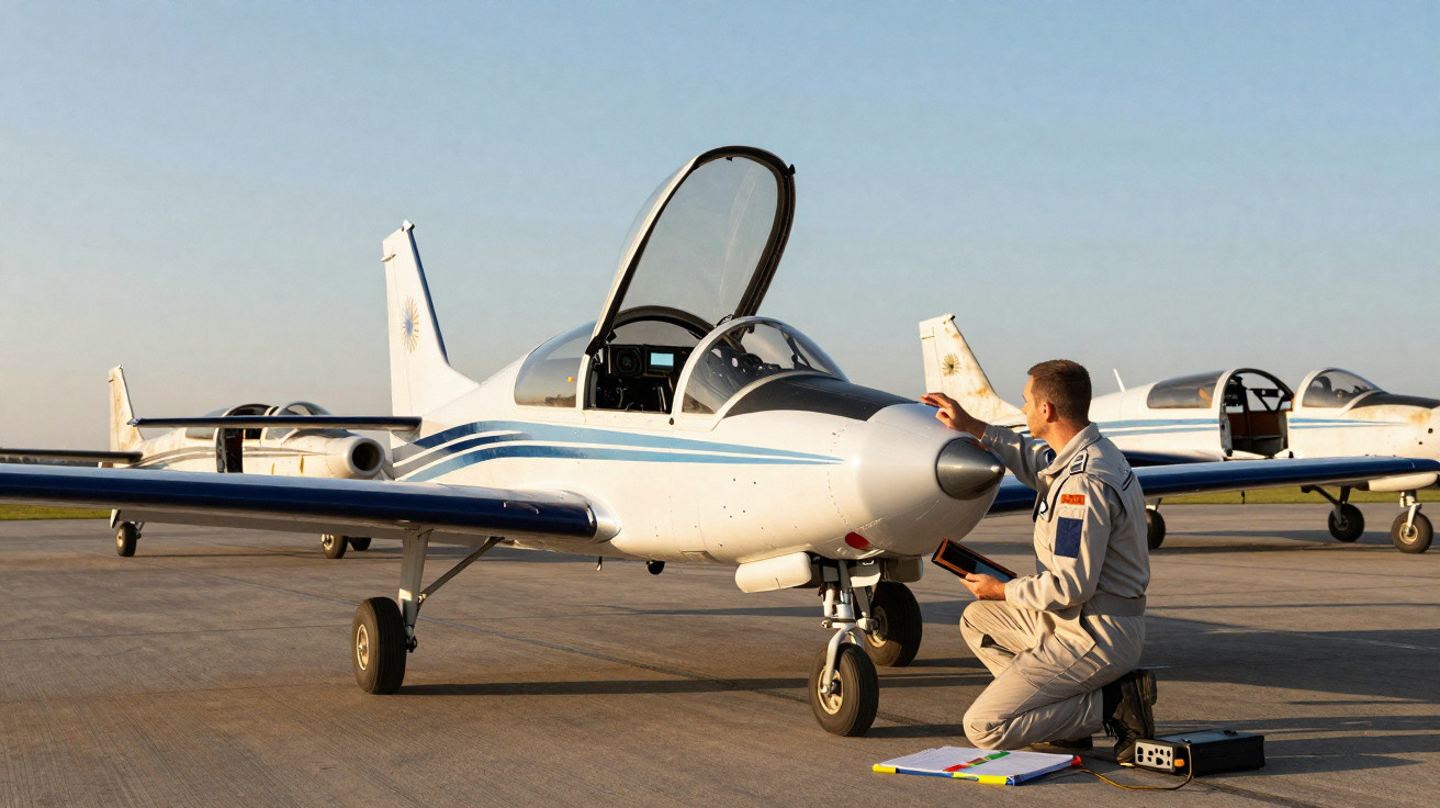 Piloto em uniforme realiza inspeção pré-voo num avião ligeiro branco num pátio de aeroporto ao amanhecer.