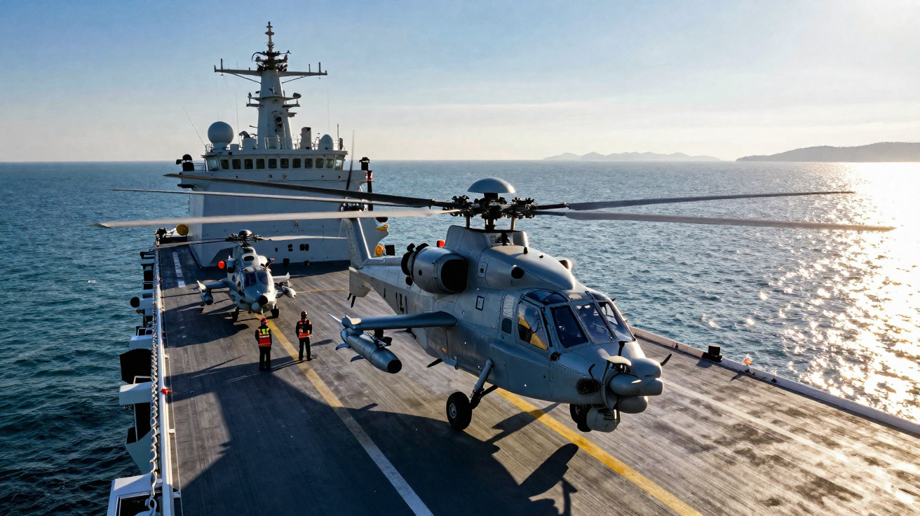Porta-aviões no mar com dois helicópteros militares na pista de lançamento ao pôr do sol.
