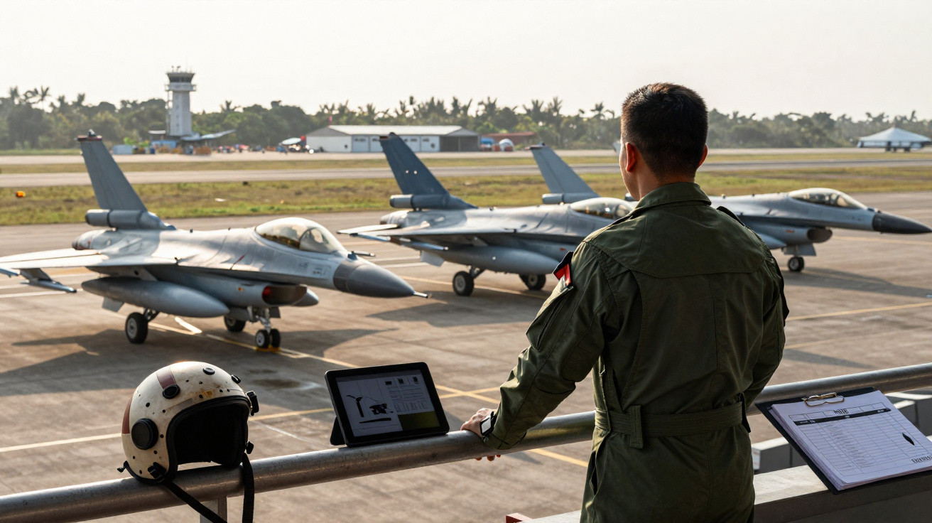 Militar observa uma fila de três jatos militares estacionados numa pista de aeroporto.