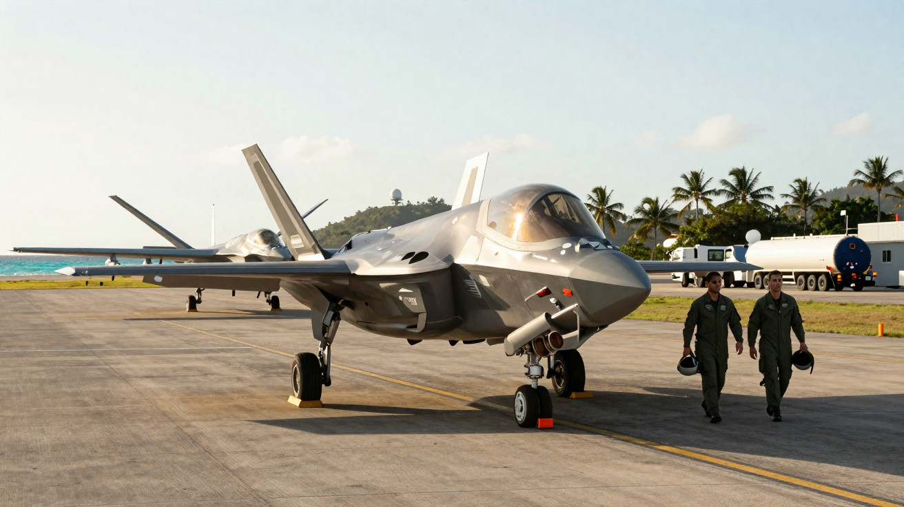 Dois pilotos a caminhar junto a caça furtiva estacionada em pista de aeroporto tropical.
