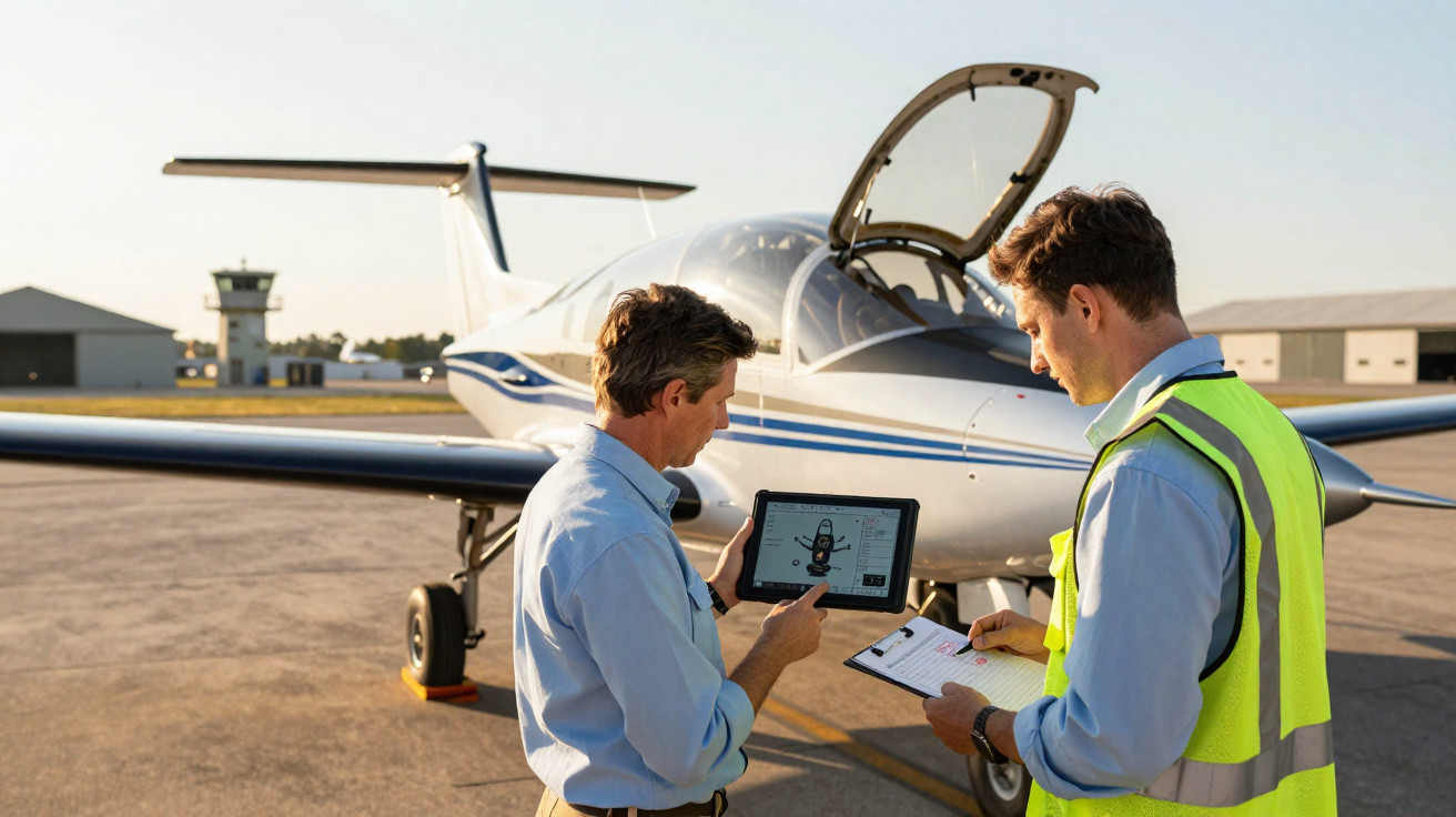 Dois homens verificam informações numa tabela e tablet junto a um avião pequeno num aeroporto ao pôr do sol.