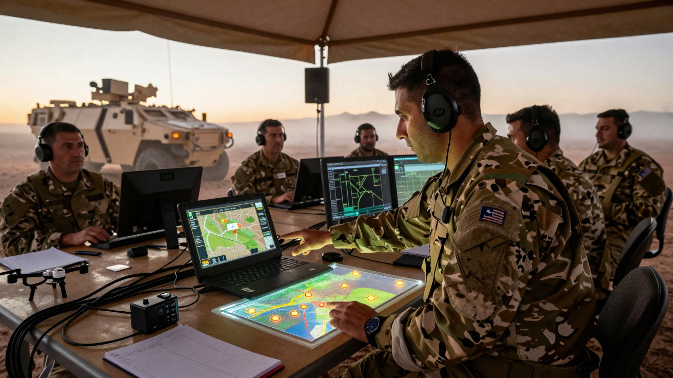 Militares em operação de comando e controlo ao ar livre, com computadores, mapas e comunicação via headphones.