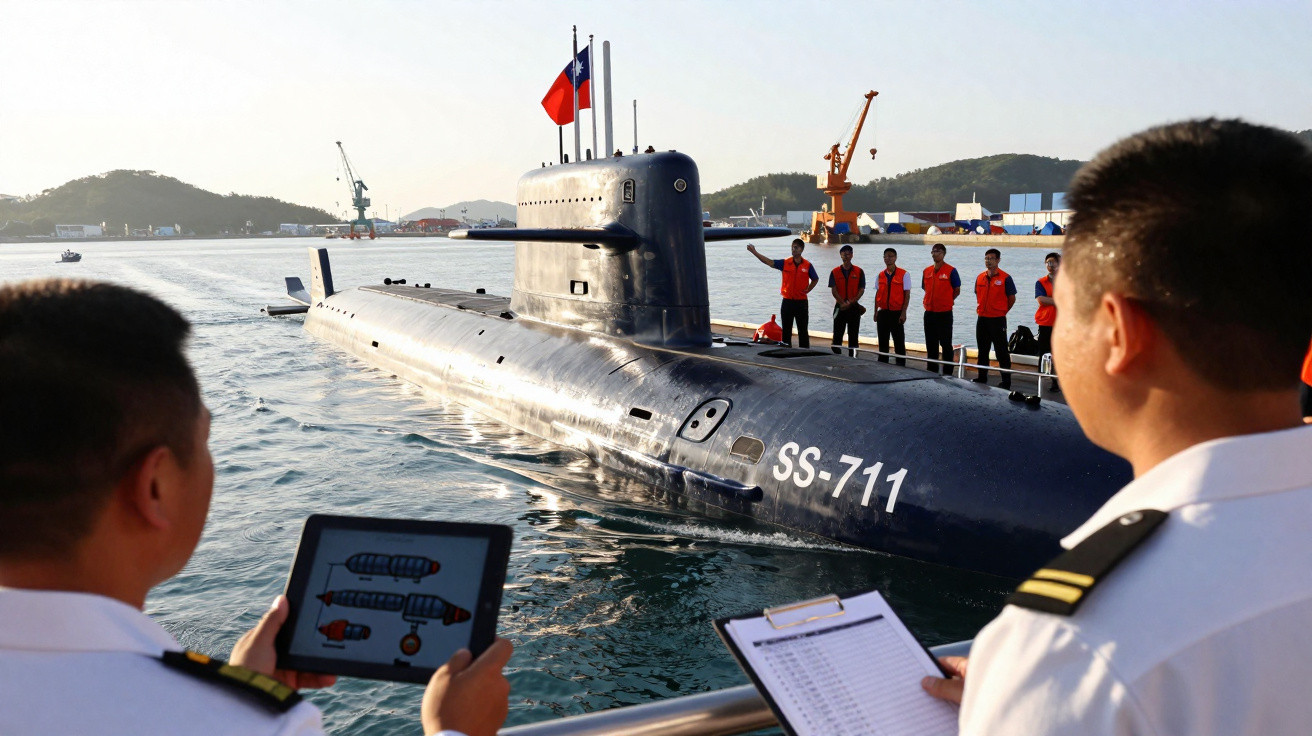 Submarino SS-711 atracado com tripulantes a bordo e dois militares a observar e registar informações na água.