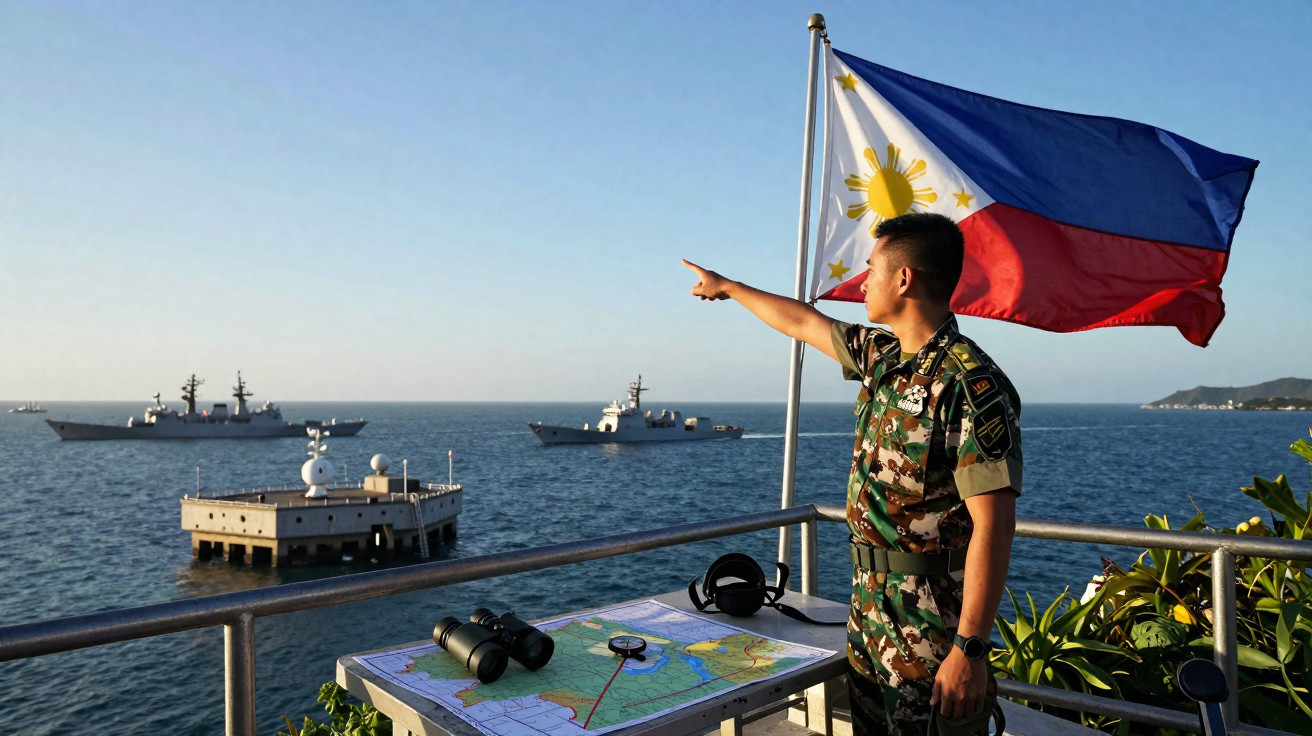 Militar filipino em posto costeiro aponta para o mar com navios de guerra e bandeira das Filipinas ao fundo.