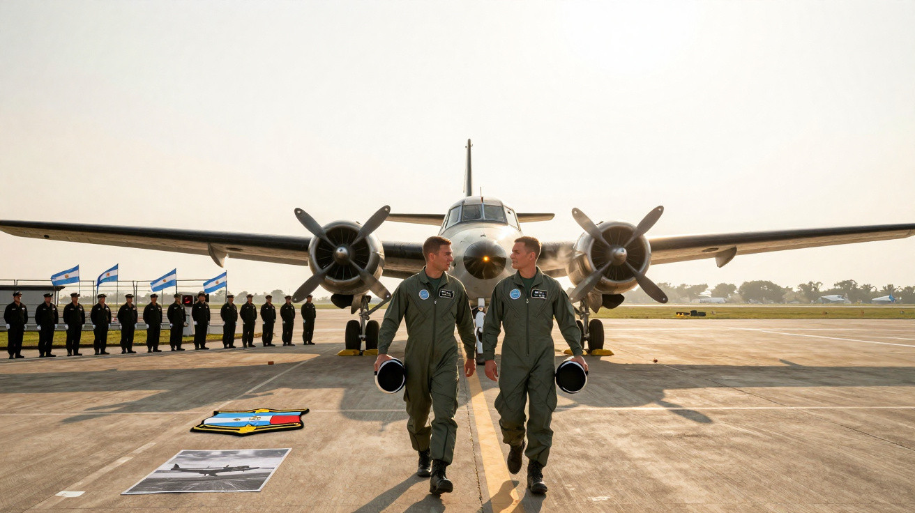 Dois pilotos militares a caminhar em pista com equipamento diante de avião antigo e fila de soldados com bandeiras.