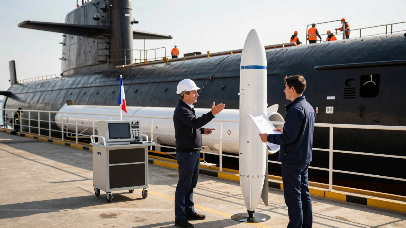 Dois engenheiros discutem ao lado de um torpedo e um submarino ancorado no porto.