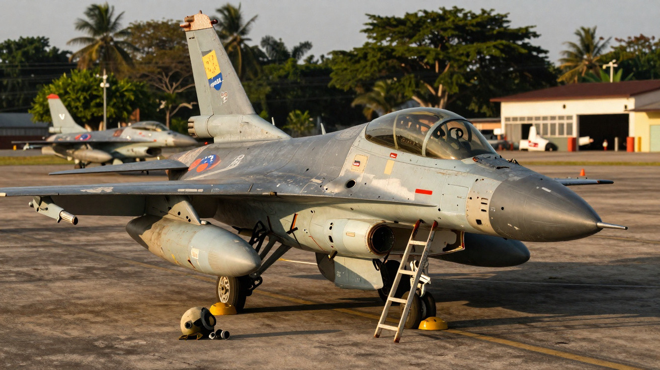 Caça militar estacionado no solo com escada de acesso junto à cabine, em dia ensolarado.