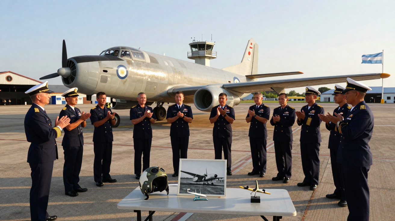 Oficiais da marinha a aplaudir perto de avião militar vintage e capacete numa pista de aeroporto ao pôr-do-sol.