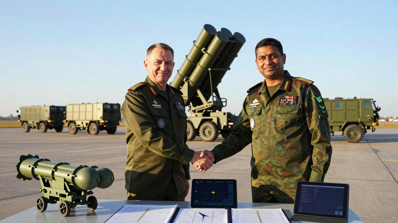 Dois militares de uniformes diferentes apertam as mãos junto a mesa com equipamentos e mísseis em fundo ao ar livre.