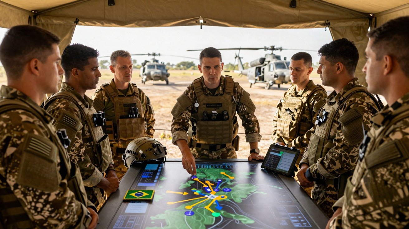 Sete militares em uniforme camuflado planeiam operação sobre mesa digital com mapa, à frente de helicópteros.
