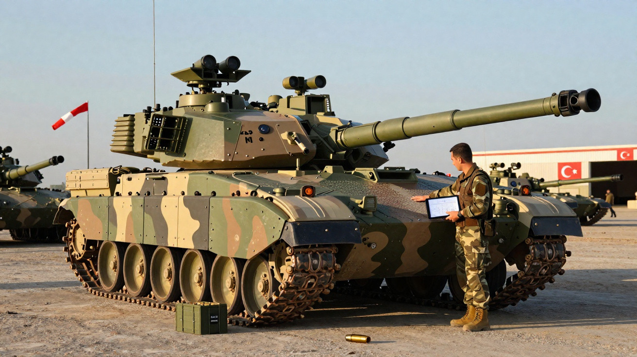 Tanque militar camuflado com soldados em uniforme, sob luz do dia num terreno aberto.