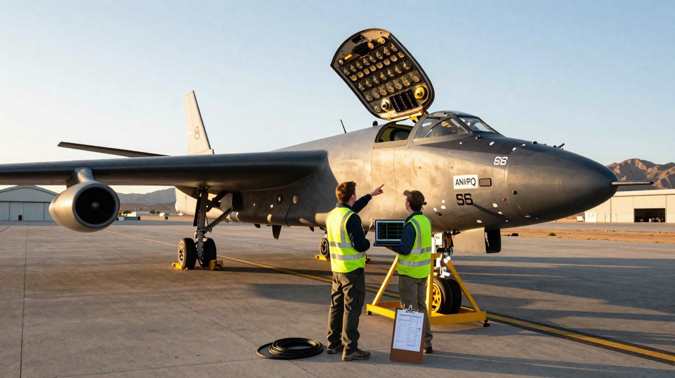 Dois técnicos em coletes refletivos inspecionam um avião militar numa pista de aeroporto ao pôr do sol.