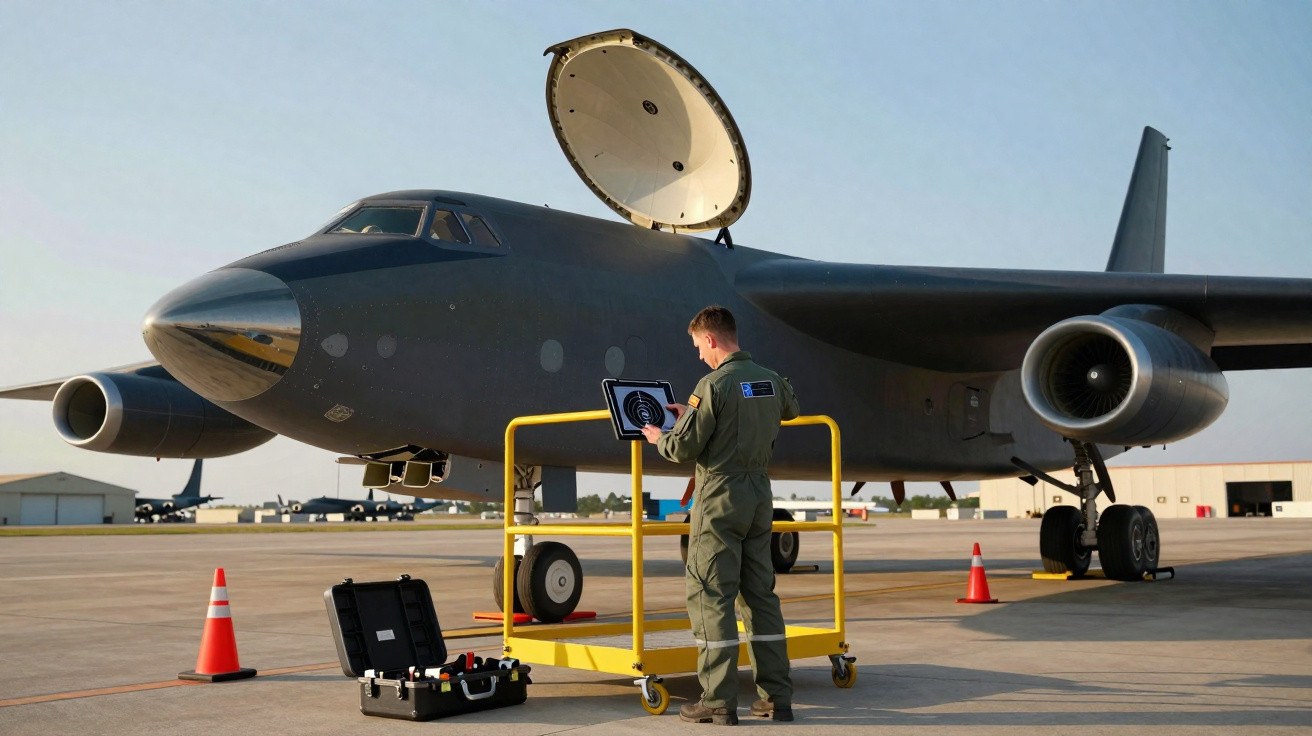 Militar junto a avião militar cinzento no aeroporto, a operar equipamento numa estrutura amarela móvel.