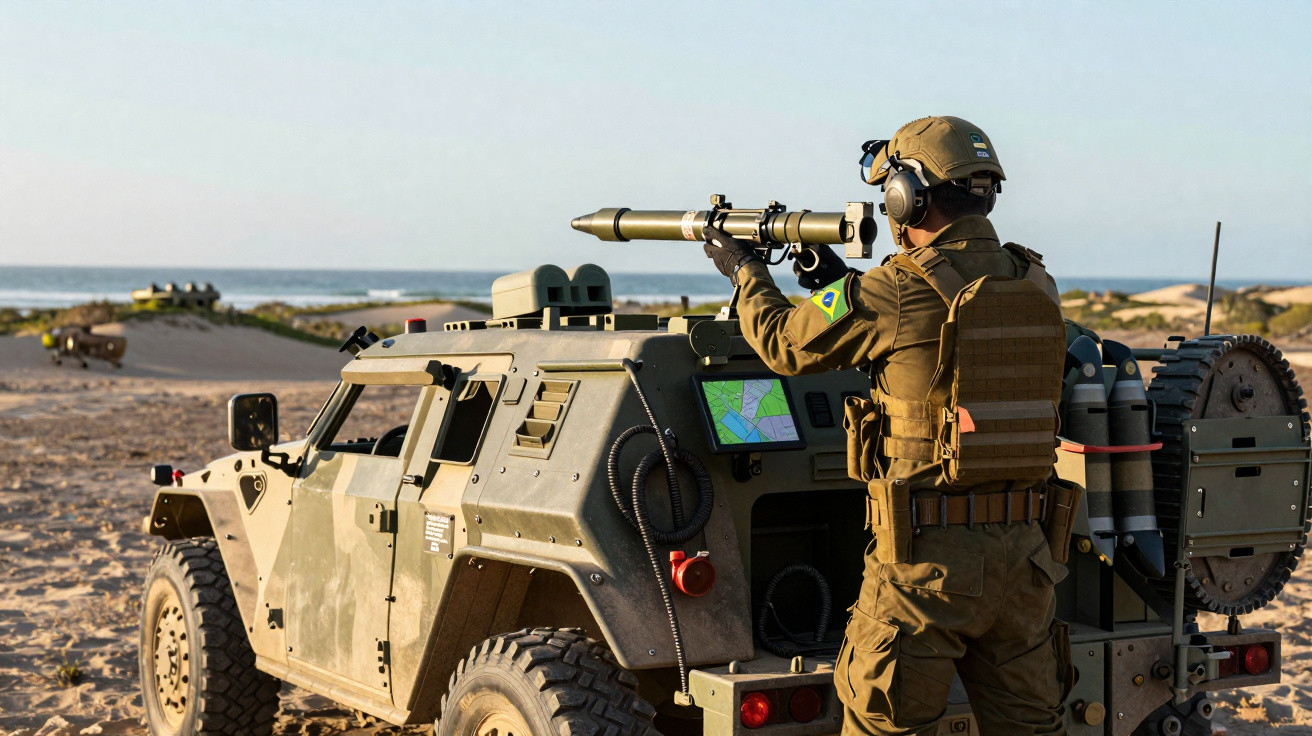 Soldado com uniforme militar do Brasil prepara lança-foguetes perto de veículo blindado em ambiente desértico.