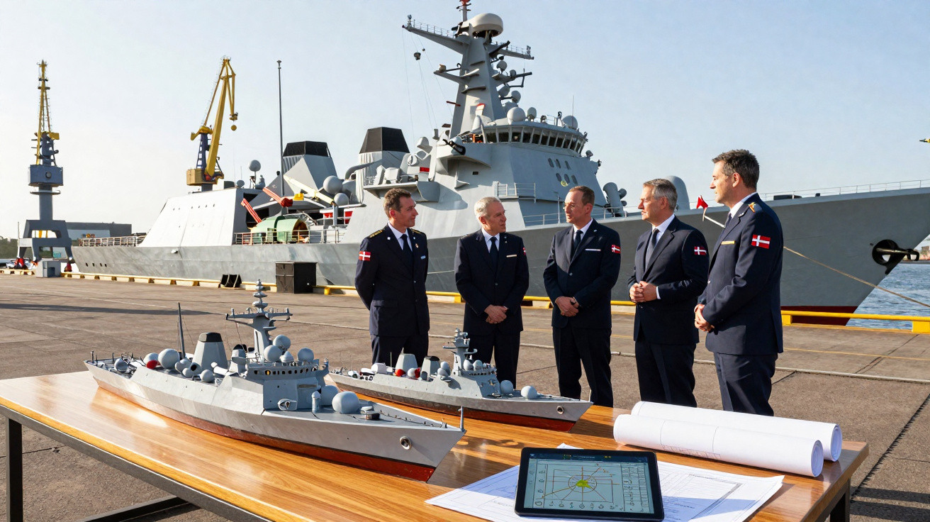 Cinco homens em uniforme naval discutem junto a maquetes de navios de guerra num cais, com navio real ao fundo.