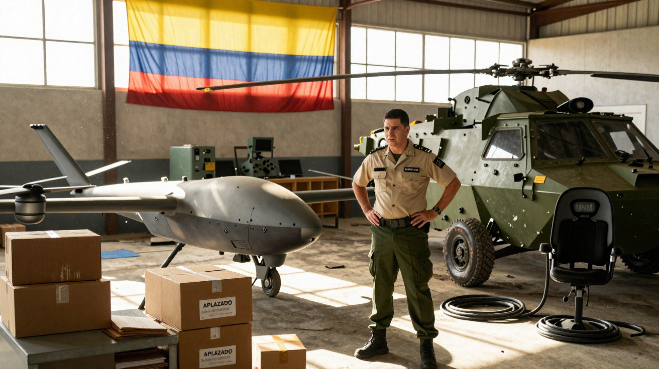 Homem em uniforme militar está em armazém com drones, caixas e viatura militar, com bandeira da Colômbia ao fundo.