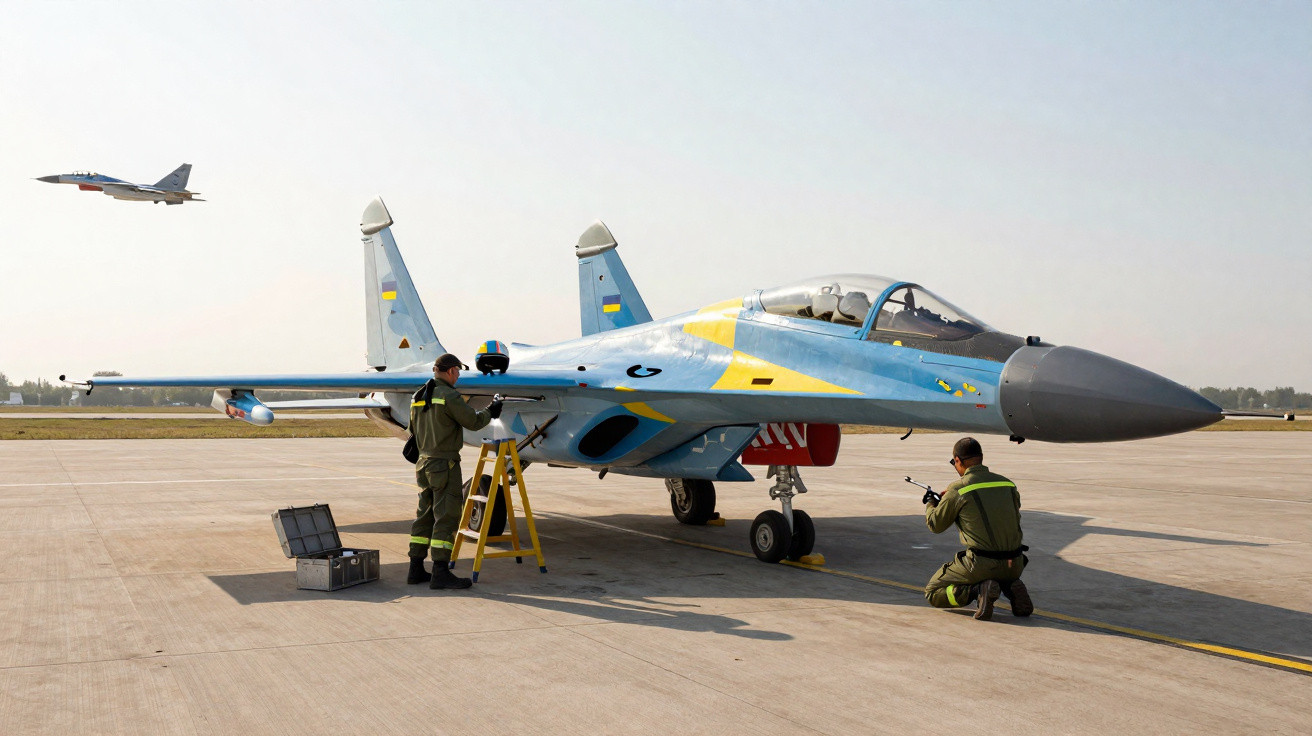 Avião de caça azul com técnicos a fazer manutenção numa pista de aeroporto, com outro avião a voar no céu.