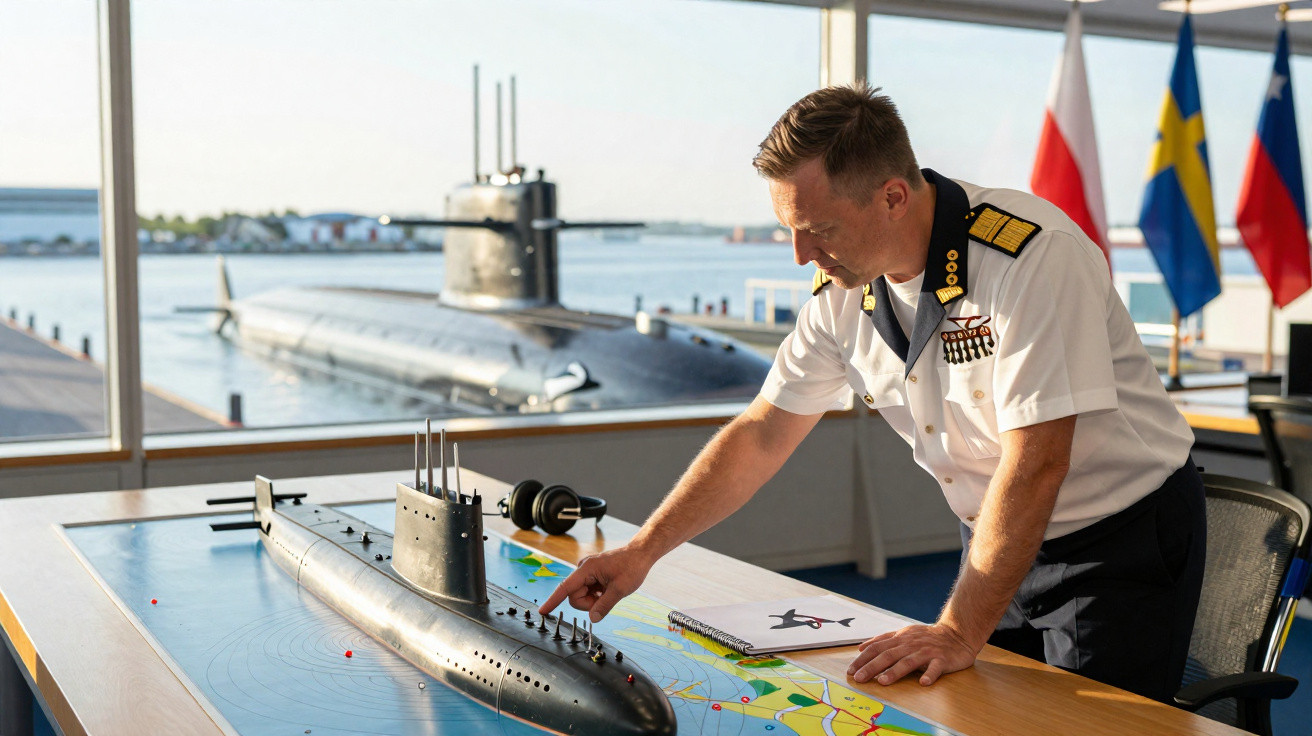 Oficial naval a apontar para um modelo de submarino numa mesa, com submarino real e bandeiras ao fundo.