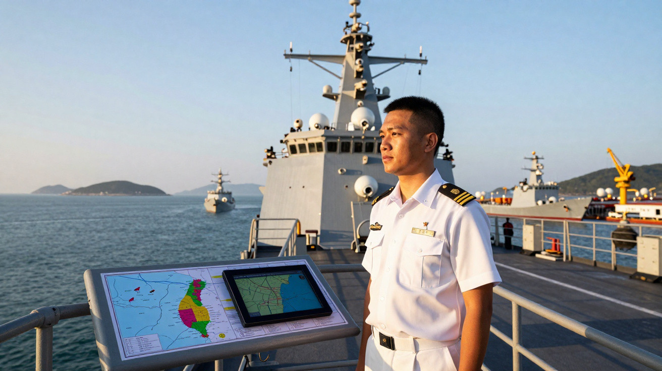 Oficial naval em uniforme branco no convés de um navio de guerra com mapas e mar ao fundo.