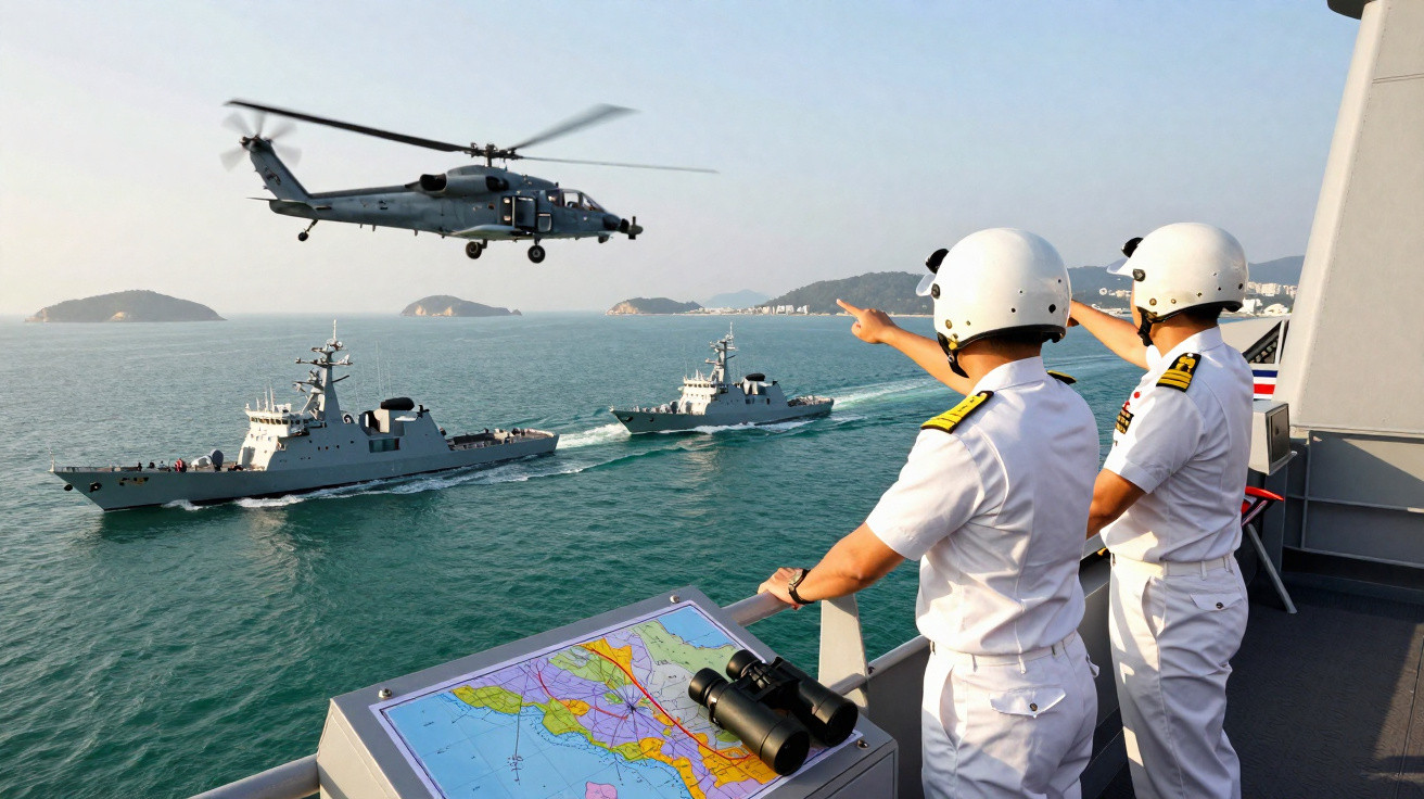 Dois militares observam helicóptero e navios militares em mar calmo durante exercício naval.