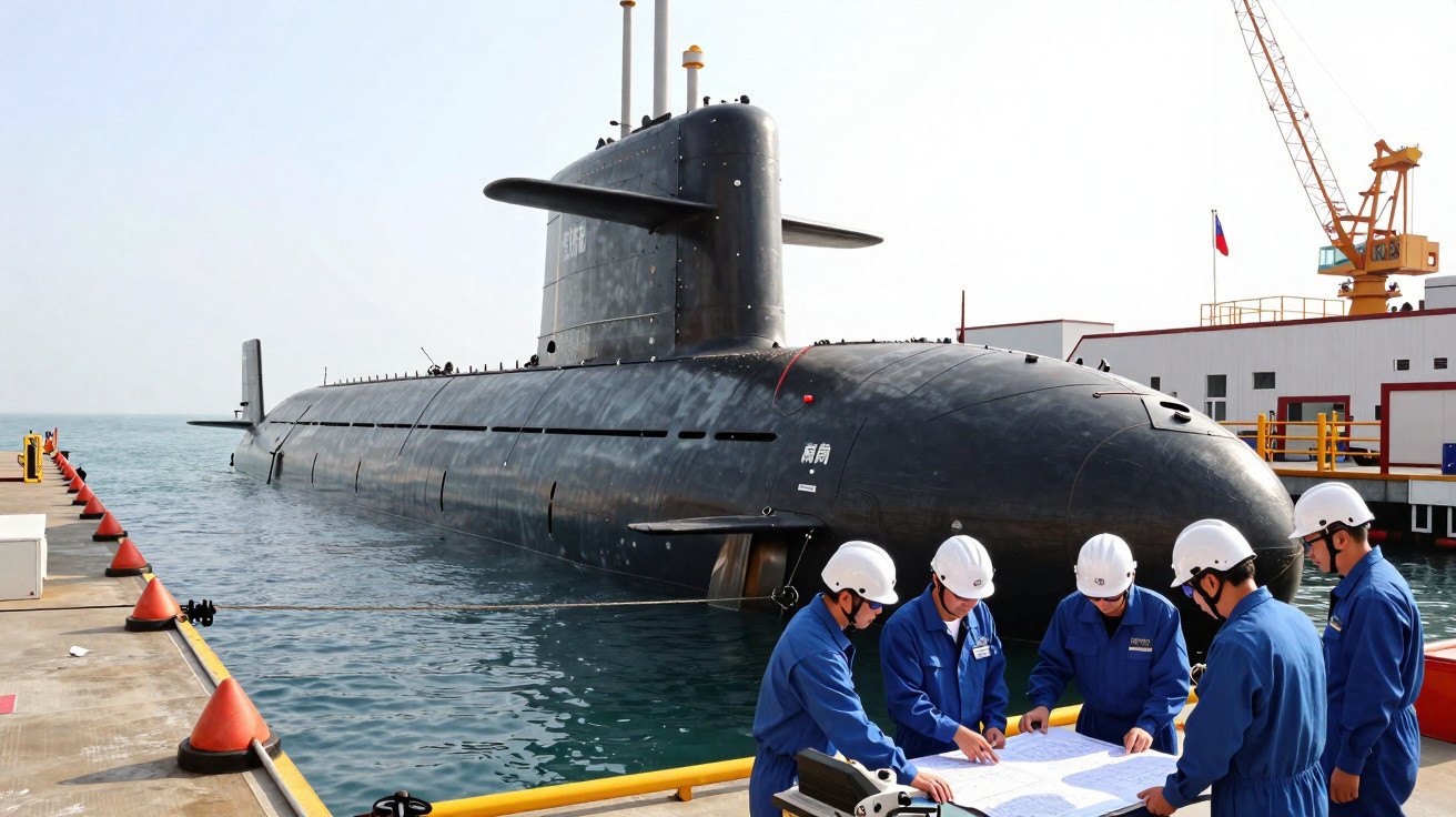Mergulhadores em uniformes azuis analisam planos junto a submarino preto atracado num cais industrial.