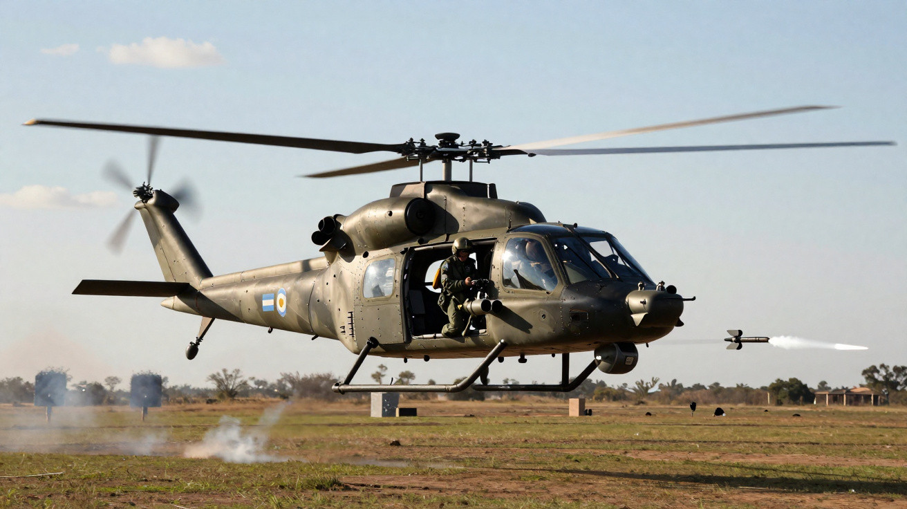 Helicóptero militar em voo baixo com soldado na porta e lançamento de foguete no campo aberto.