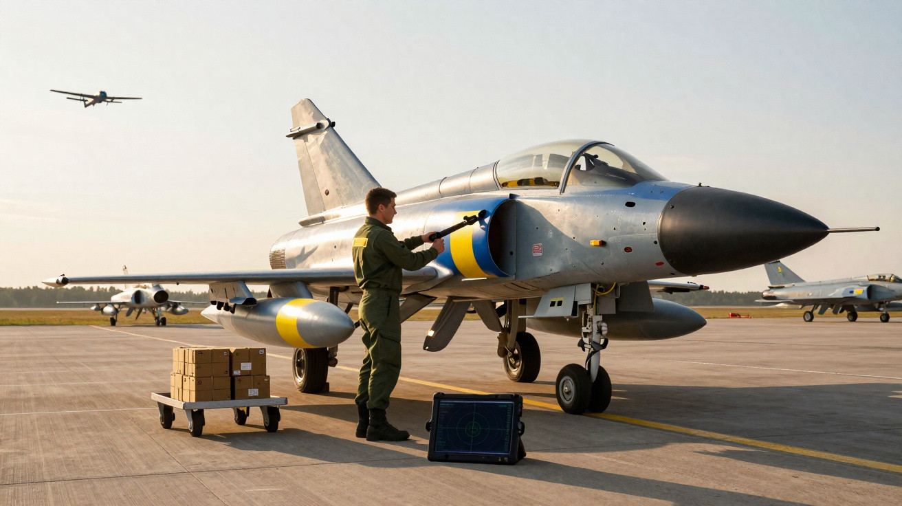 Piloto em fato militar realiza manutenção num caça estacionado em pista de aeroporto militar ao pôr do sol.