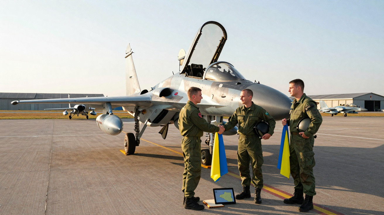 Três pilotos militares em uniforme verde junto a um caça num aeroporto, segurando bandeiras da Ucrânia.