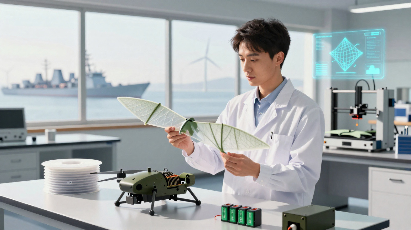 Jovem cientista em laboratório a examinar modelo de asa inspirada em folha para drone tecnológico.