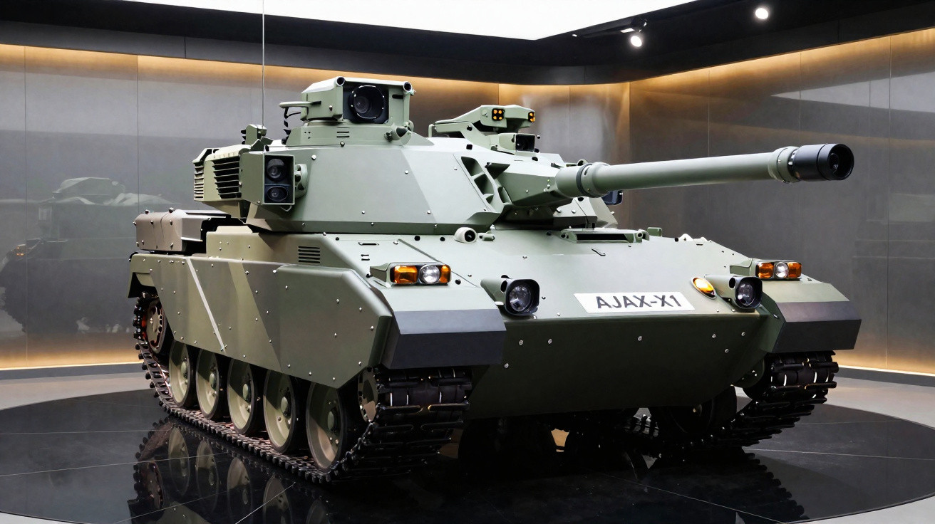 Tanque militar verde com lagartas, canhão frontal e insígnia AJAX-X1, em exposição interior moderna.