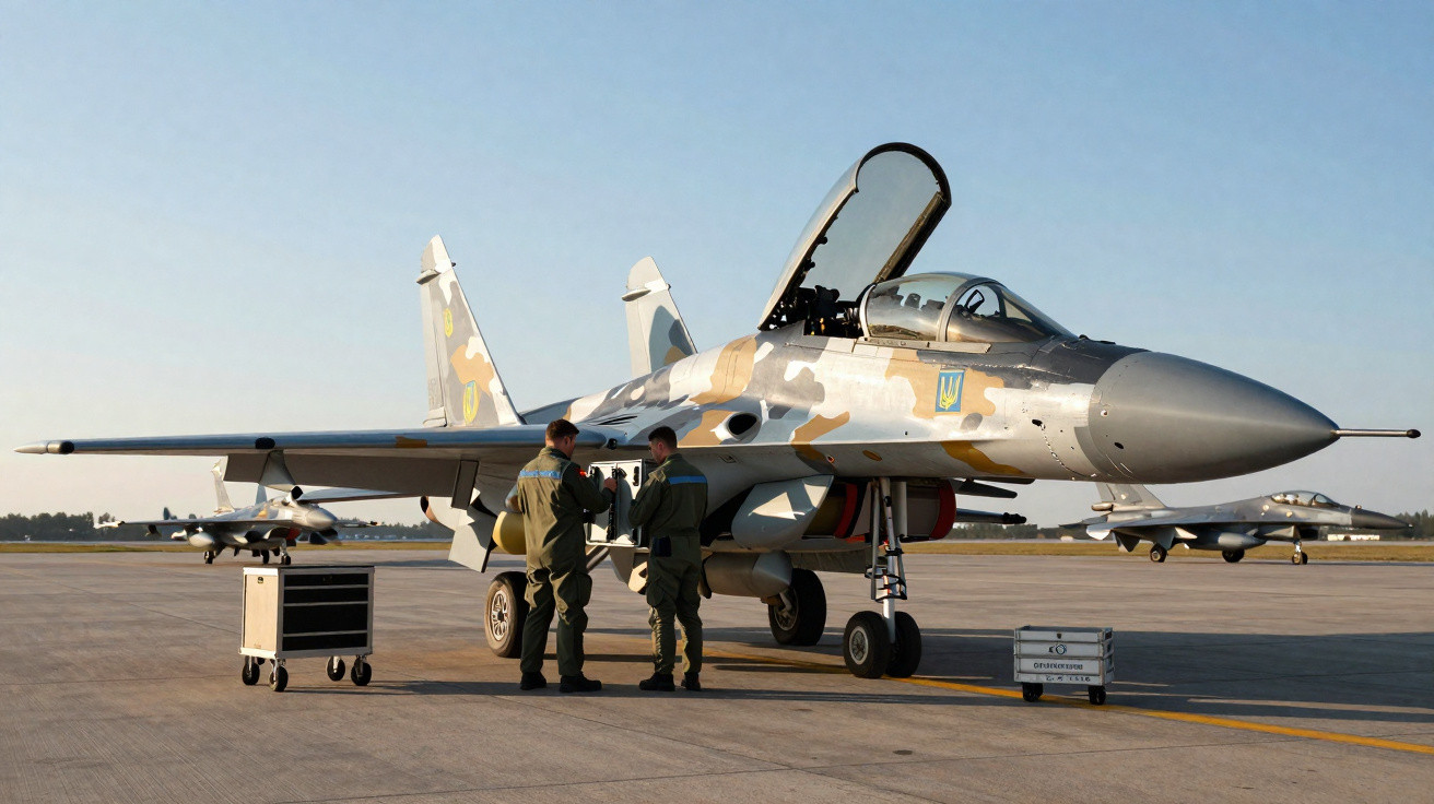 Caça militar camuflado com dois pilotos em uniforme verde no solo de um aeródromo sob céu claro.