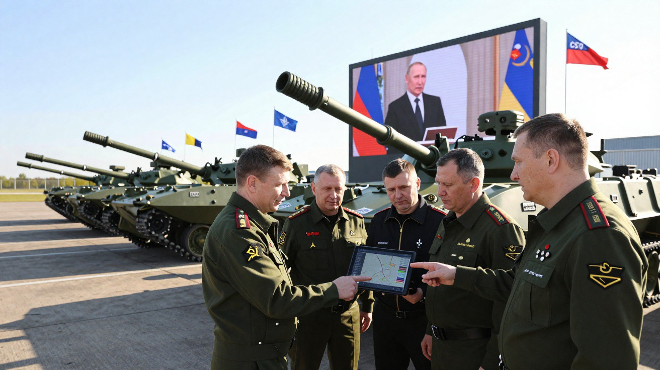 Militares russos em uniformes verdes discutem com tanques ao fundo e um ecrã gigante com imagem de Putin.