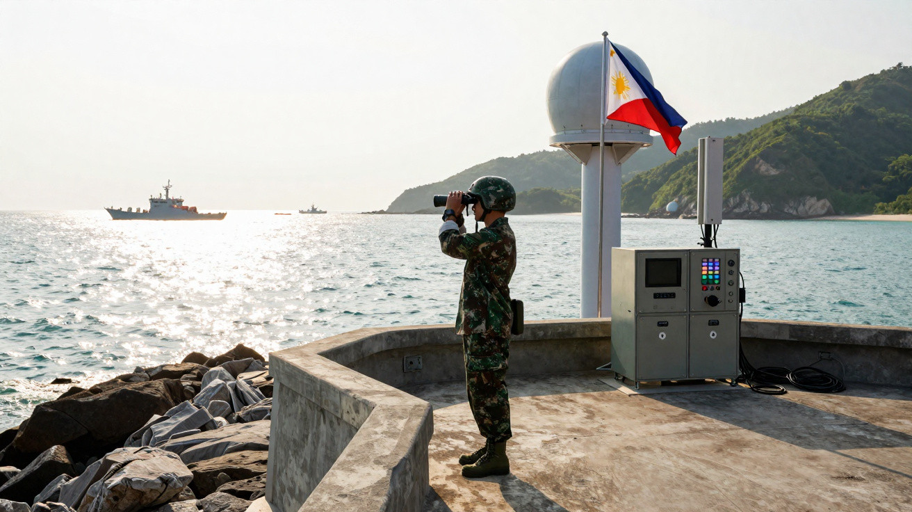 Soldado filipino em uniforme camuflado observa o mar com binóculos junto a bandeira das Filipinas.