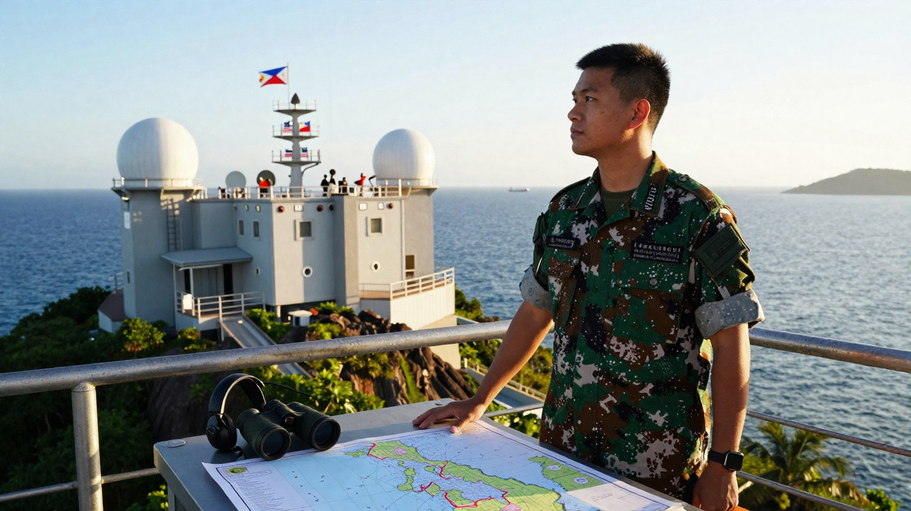 Militar em uniforme camuflado observa o mar numa estação costeira com mapa e binóculos à frente.