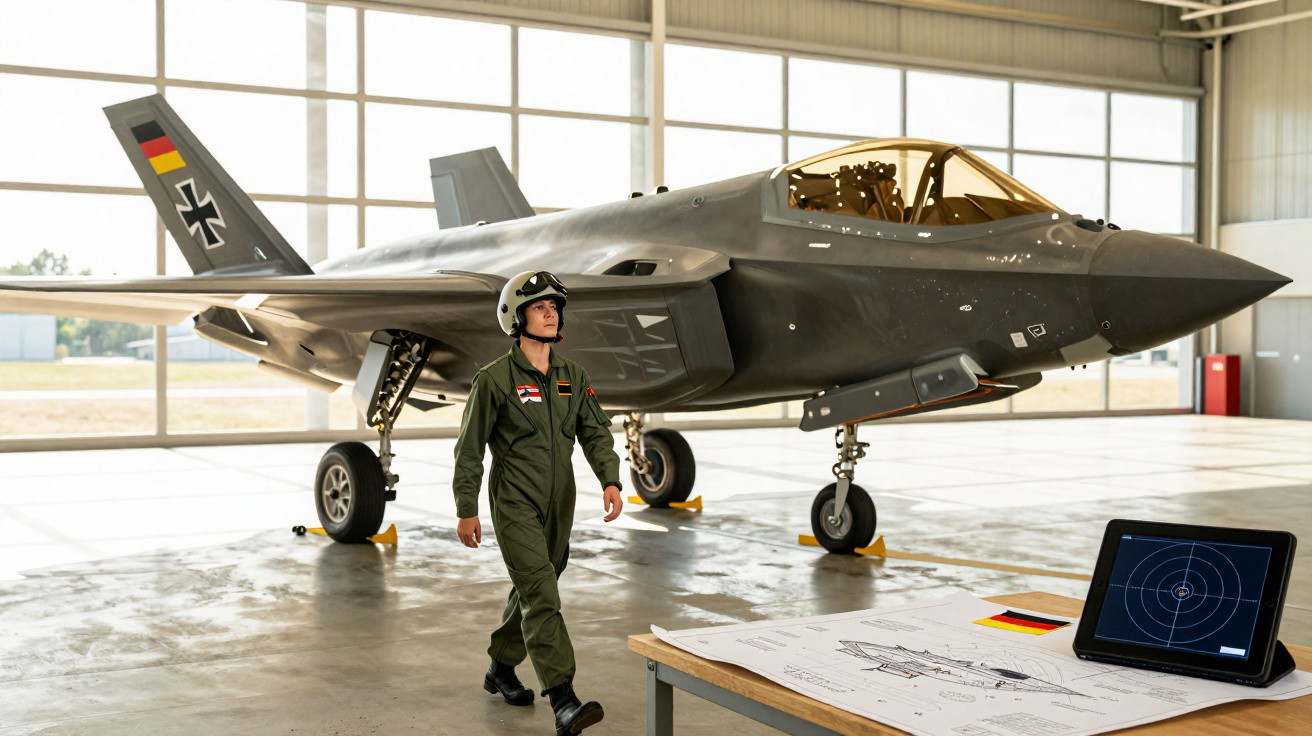 Piloto militar junto a caça F-35 num hangar, com mesa e radar digital em primeiro plano.