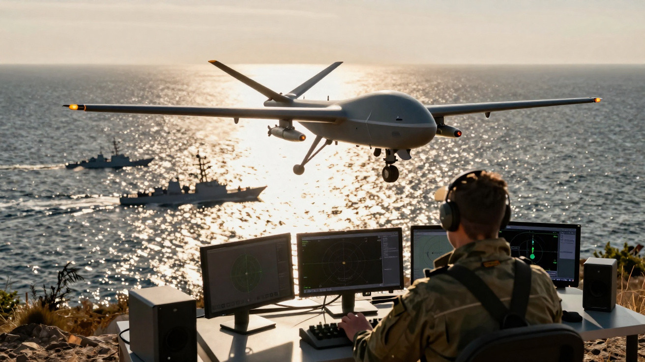 Militar controla drone sobre o mar com fragatas ao fundo ao pôr do sol, monitorizando em vários ecrãs.
