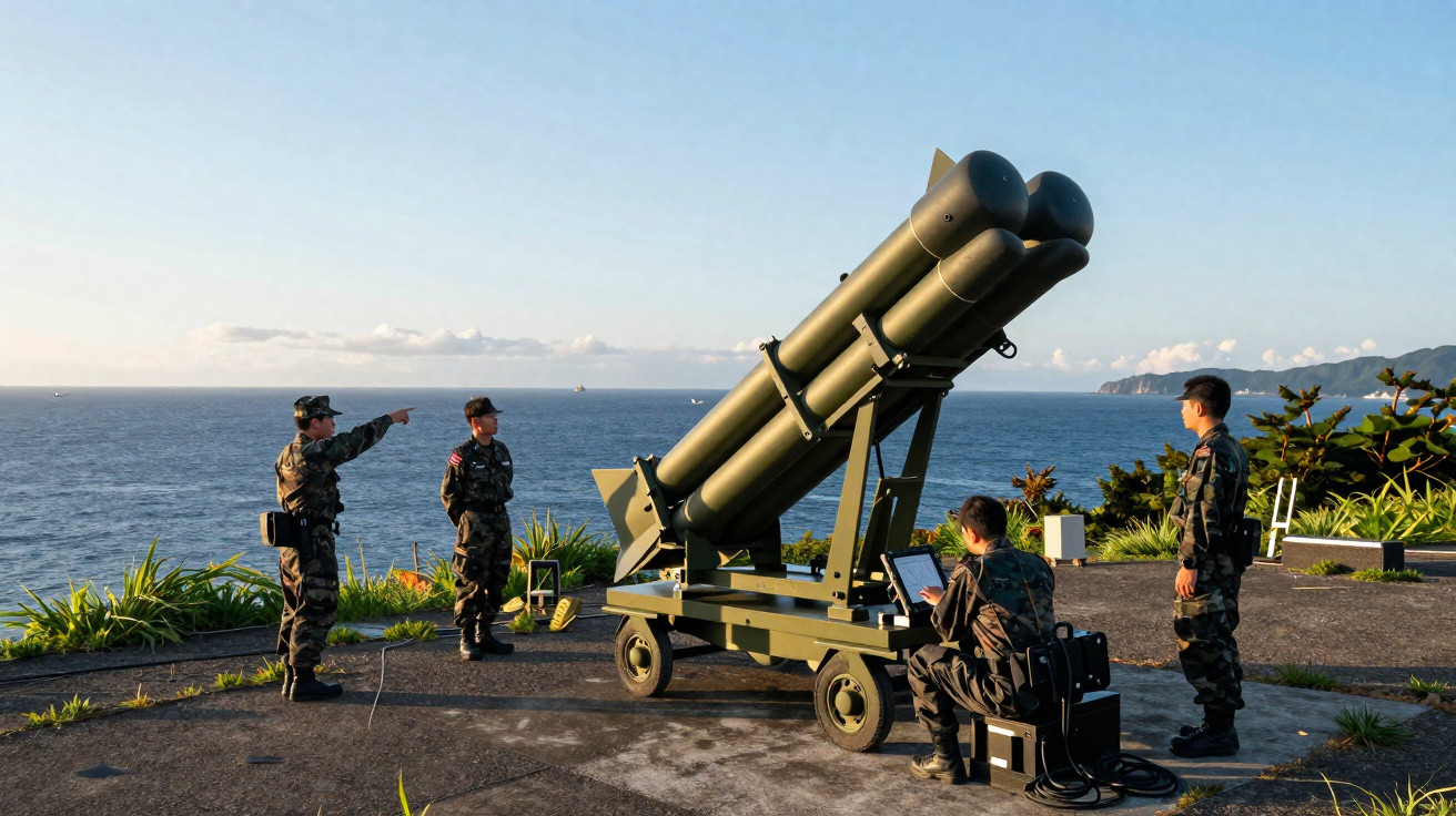 Quatro militares junto a equipamento de mísseis numa plataforma costeira com vista para o mar.