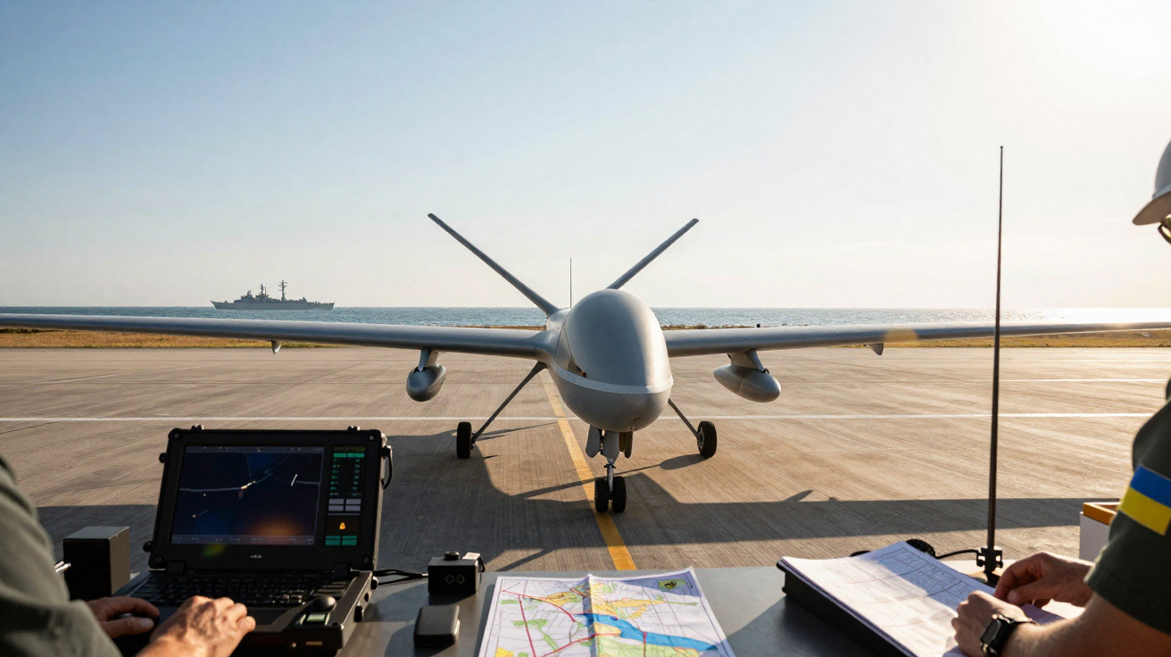 Drone militar em pista de descolagem com técnicos a operar equipamentos e navio ao fundo no mar.