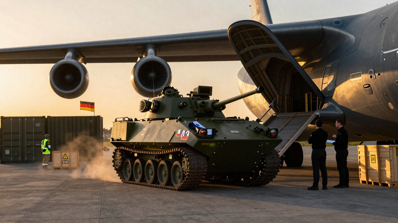 Carro de combate a ser descarregado de avião militar em pista com pessoal de apoio e bandeira da Alemanha ao fundo.