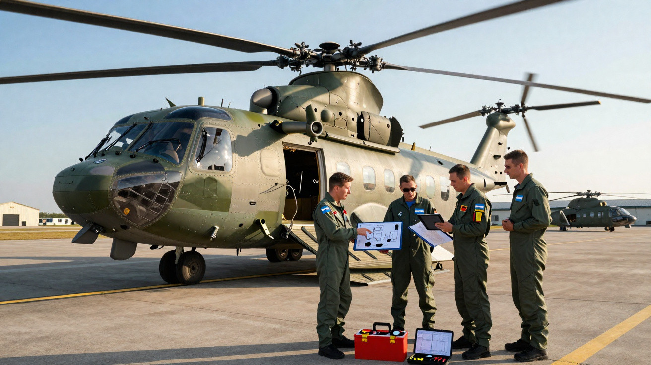 Quatro militares em uniforme com documentos junto a um helicóptero militar verde numa pista de aeroporto.