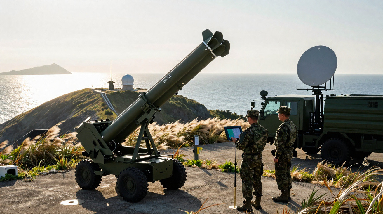 Dois militares em uniforme junto a um lançador de foguetes numa base perto do mar ao pôr do sol.
