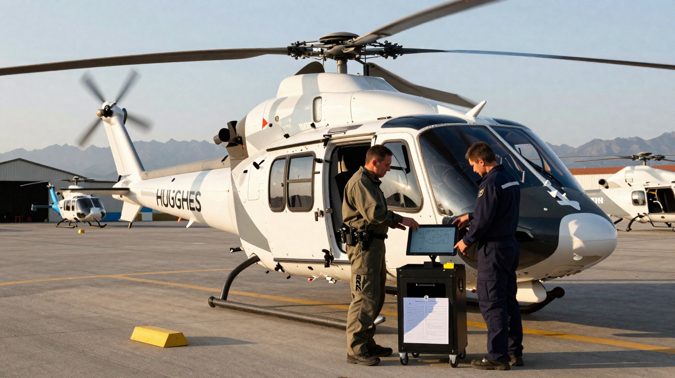 Dois homens em uniforme trabalham com equipamento junto a um helicóptero branco estacionado num heliporto.