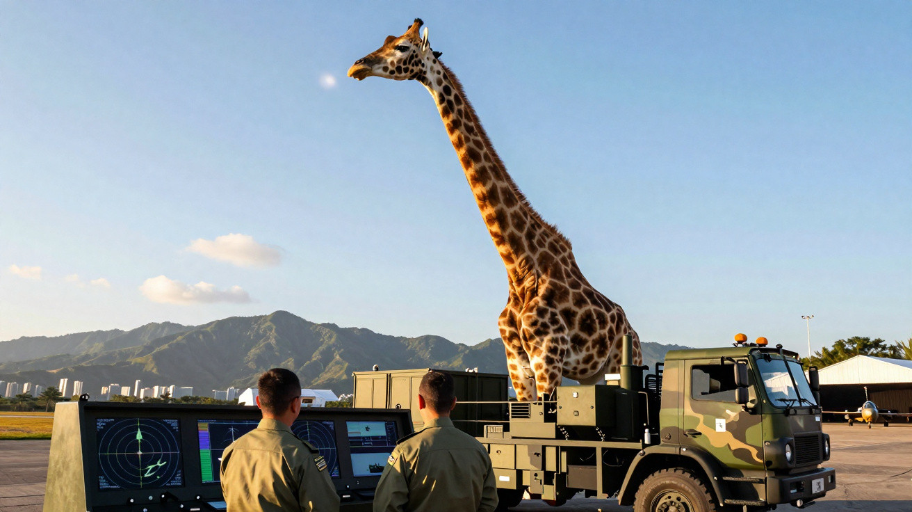 Dois soldados observam uma girafa gigante simulada em veículo militar ao ar livre, com montanhas ao fundo.