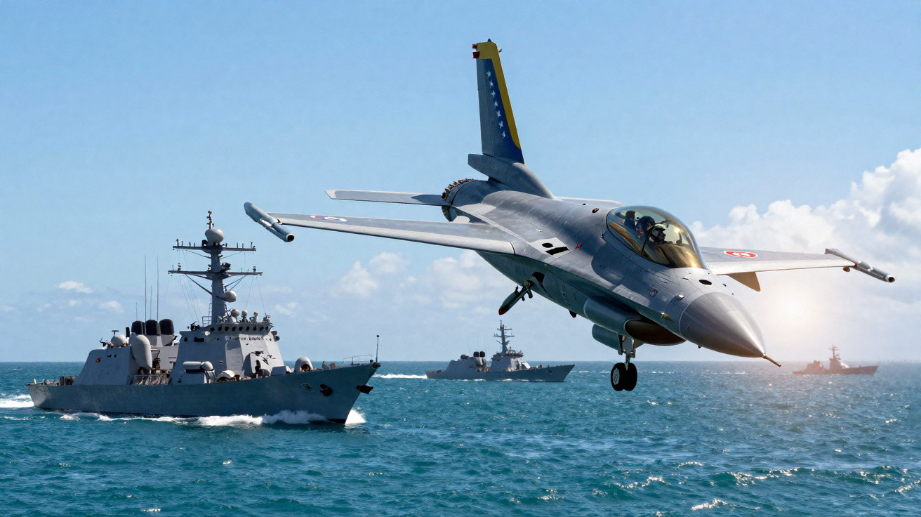 Jato militar a sobrevoar três navios de guerra no mar com céu azul e poucas nuvens.