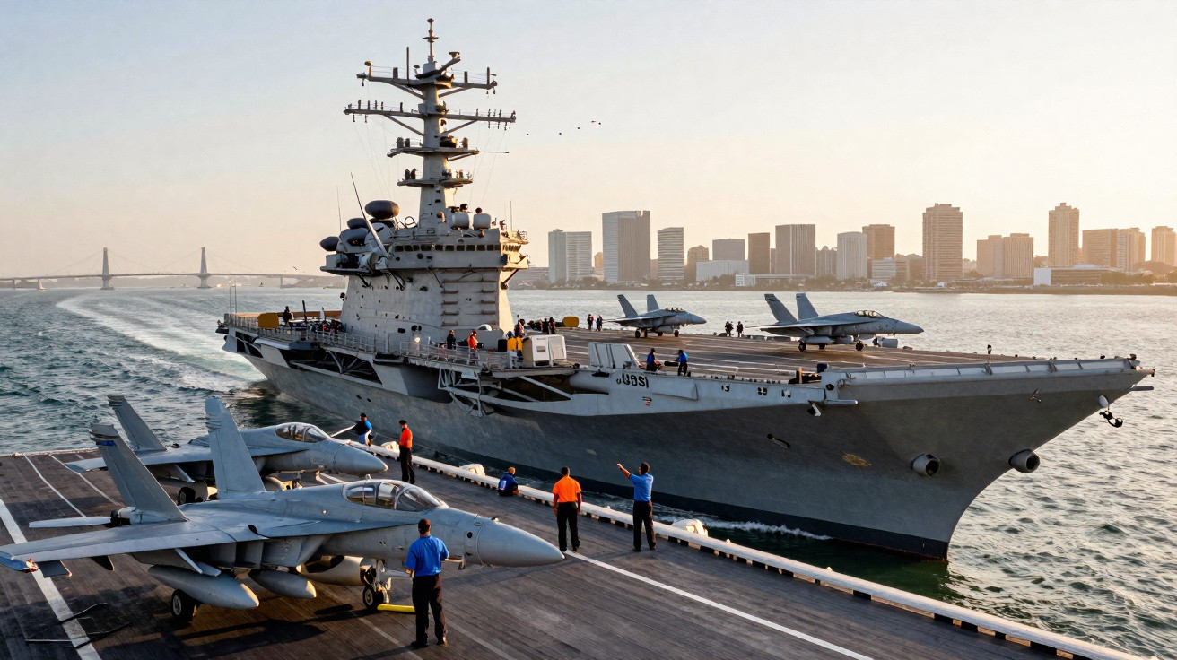 Porta-aviões no mar com caças F/A-18 e tripulação em preparação ao pôr do sol, cidade ao fundo.