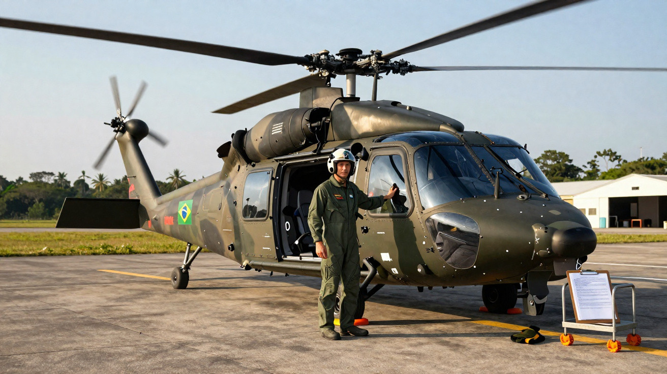 Helicóptero militar brasileiro estacionado com piloto em uniforme e capacete ao lado na pista de aterragem.